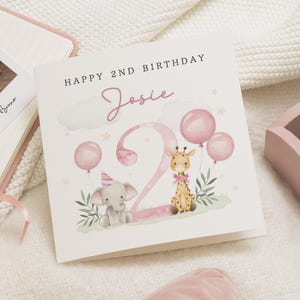 2e carte d'anniversaire pour fille, carte d'anniversaire personnalisée, carte d'anniversaire pour fille, carte d'anniversaire animal mignon, carte d'anniversaire rose