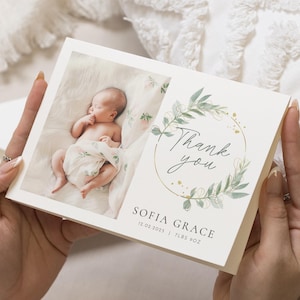 Cartes pliées de remerciement pour nouveau-né, cartes de remerciement personnalisées, cartes de remerciement verdure verdure, remerciement pour petit garçon avec photos, petite fille