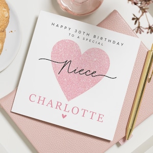 30e verjaardagskaart voor nichtje, gepersonaliseerde verjaardagskaart, speciale nichtje verjaardagskaart, roze hartkaart, verjaardagskaart voor haar
