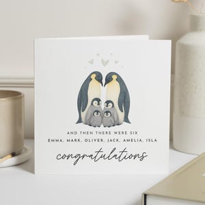 Kaart pinguïn familie van zes, en toen waren er zes, nieuwe babykaart, gefeliciteerd, gepersonaliseerde familiekaart, schattige dierenkaart