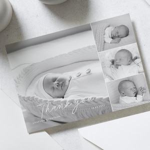 Zwart-wit gevouwen bedankkaarten met foto, nieuwe bedankkaarten babyfoto, gepersonaliseerde bedankkaart baby, aankondigingskaarten nieuwe babyjongen