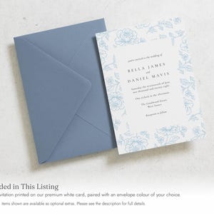 Dusty Blue Floral Wedding Invitations, Elegant Botanical Wedding Invites, Classic Garden Wedding Invitation Suite, Personalised Invites image 2