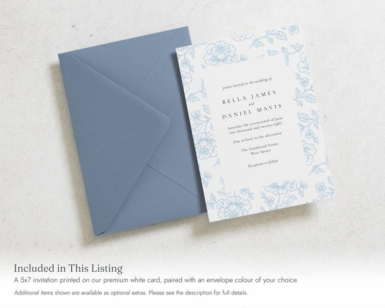 Dusty Blue Floral Wedding Invitations, Elegant Botanical Wedding Invites, Classic Garden Wedding Invitation Suite, Personalised Invites image 2