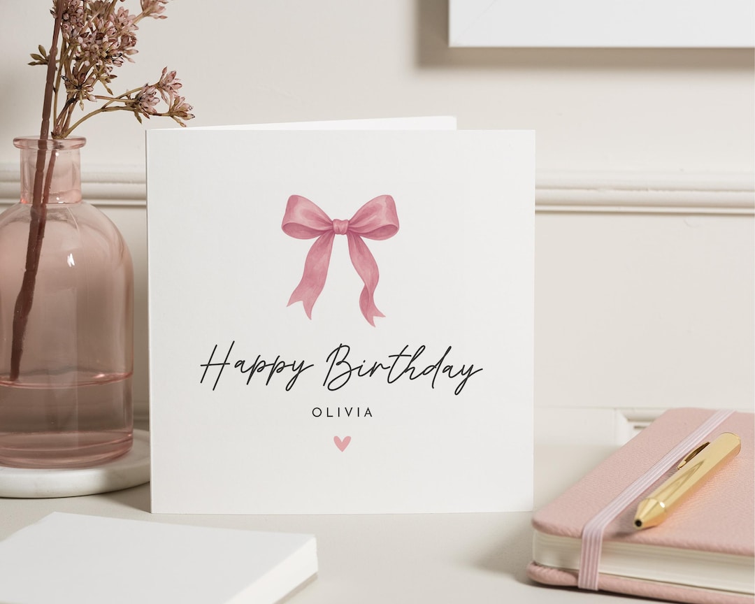 Birthday Card for Her, Personalised Birthday Card, Pink Bow Birthday