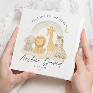 Cartão para recém-nascido, Cartão personalizado de boas-vindas ao mundo, Cartão de animal de safári, Cartão para menino, Cartão para menina, Cartão de animal fofo, Cartão personalizado para bebê