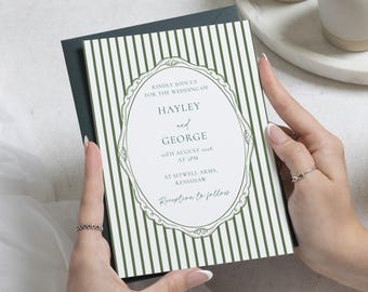 Green Striped Wedding Invitations, Elegant Wedding Invite, Classic Personalised Wedding Invitation Suite, Vintage Frame Wedding Stationery