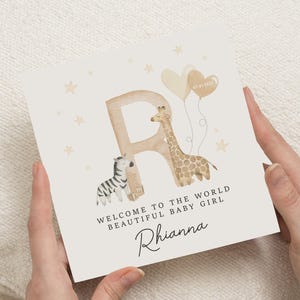 Cartão personalizado para recém-nascido, parabéns para recém-nascido, cartão de boas-vindas ao mundo, cartão personalizado para bebê girafa, presente de chá de bebê