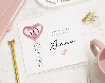 30. Geburtstagskarte für sie, personalisierte Geburtstagskarte, Ballon-Geburtstagskarte, Geburtstagskarte für Tochter, Freund, Frau, benutzerdefinierte Namenskarte