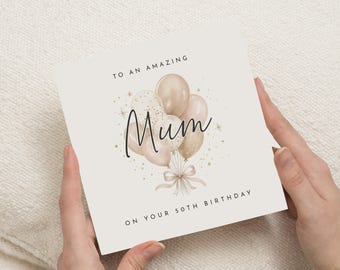 Verjaardagskaart voor mama voor haar 50e verjaardag, Verjaardagskaart voor mama, Gepersonaliseerde verjaardagskaart voor haar, Verjaardagskaart met ballonnen