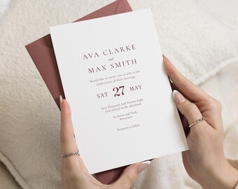 Invitaciones de boda color burdeos, invitación de boda con tipografía minimalista, elegante conjunto de invitaciones de boda personalizadas, papelería clásica para bodas.