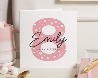 Carte personnalisée 8e anniversaire pour fille, carte 8e anniversaire fille, jolie carte rose huitième anniversaire, cadeau 8e anniversaire, nièce, petite-fille