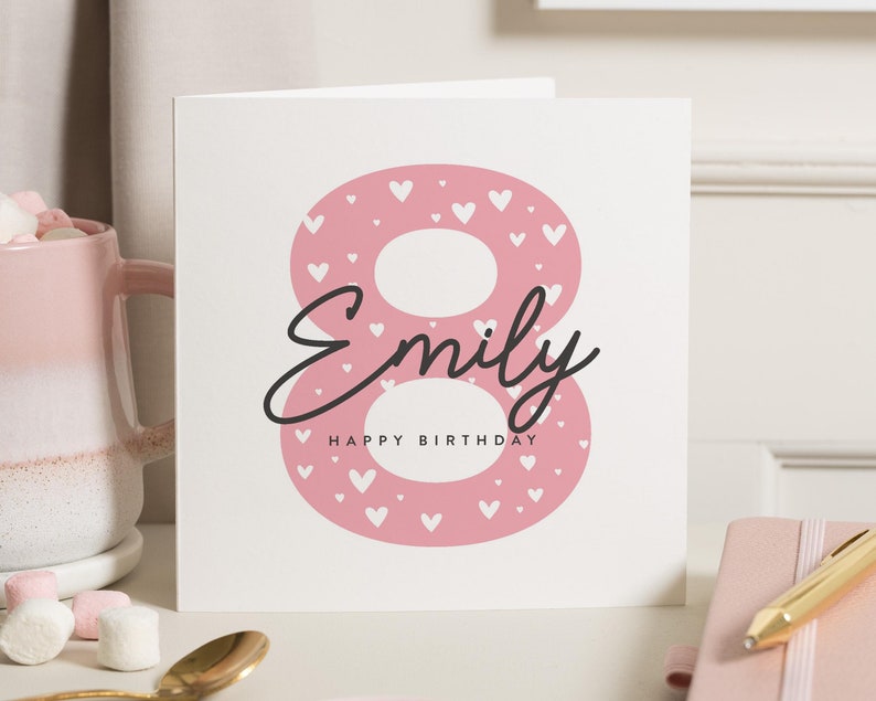 Carte personnalisée 8e anniversaire pour fille, carte 8e anniversaire fille, jolie carte rose huitième anniversaire, cadeau 8e anniversaire, nièce, petite-fille image 1