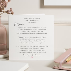 Wedding Day Card for Mum, Mother of the Bride Card, To My Beautiful Mum On My Wedding Day, Personalised Wedding Card