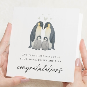 Nieuwe babykaart, Family of Four-kaart, toen waren er vier, pinguïnfamiliekaart, felicitatiekaart, gepersonaliseerde kaart, dierenkaart