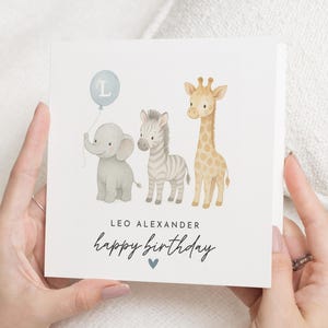 Carte d'anniversaire pour garçon, carte d'anniversaire safari personnalisée, éléphant girafe zèbre, jolie carte d'anniversaire pour enfants, carte d'anniversaire animal