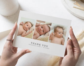 May include: Thank you card featuring three photographs of a baby in various poses. The card includes the text "Thank You", the name "Francesca Clark" and the date "16.02.2023".