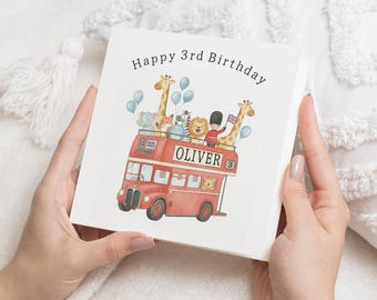 3rd Birthday Card, Personalised Birthday Card for Boy, Red London Bus, Double Decker Bus, Son, Grandson, Nephew, Animal Card