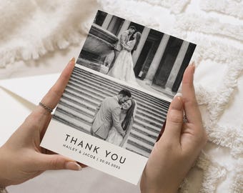 May include: Black and white wedding thank you card with a photo of the couple in two different poses. The text on the card reads "Thank You Hailey & Jacob | 20.05.2025".
