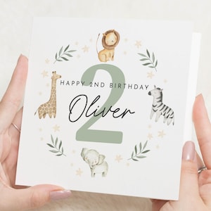 Cartão de 2º aniversário para menino, cartão de aniversário personalizado de safári, cartão de aniversário para filho, cartão de aniversário de animal, cartão de aniversário fofo para crianças