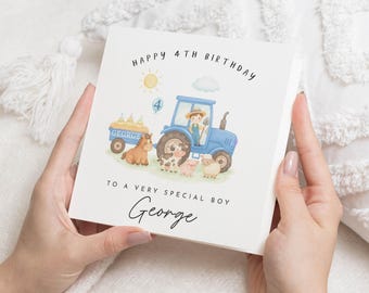 4. Geburtstagskarte für Jungen, personalisierte Traktor Geburtstagskarte, Geburtstagskarte für Sohn, spezielle Geburtstagskarte für Kinder, Bauernhoftierkarte