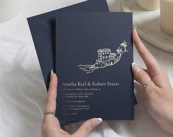 Invitaciones de boda con detalles dorados para bodas en destinos exóticos, invitación de boda costera en azul marino, invitación de boda personalizada de estilo mediterráneo.