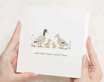 New Baby Card, Pregnancy Card, Congratulations Card, Baby Announcement Card, And Then There Were Four, Duck Family Card