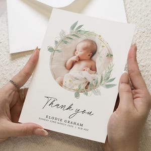 Cartes pliées de remerciement pour nouveau-né, cartes de remerciement personnalisées, cartes de remerciement verdure verdure, remerciement pour petit garçon avec photos, petite fille