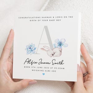 Gefeliciteerd nieuwe babyjongen, gepersonaliseerde kaart nieuwe babyjongen, Welcome To The World-kaart, babykaart konijn gepersonaliseerd, cadeau kraamcadeau