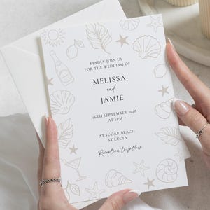 Küstenstrand-Hochzeitseinladungen, Hochzeit in tropischem Urlaubsort lädt ein, Muschel-Seestern-Briefpapier, personalisierte Einladungsreihe