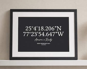 Personalised Coordinates Wedding Print, Black Wall Art, Wedding Date Print, Anniversary Gift, Gift for Couple, Black Framed Print