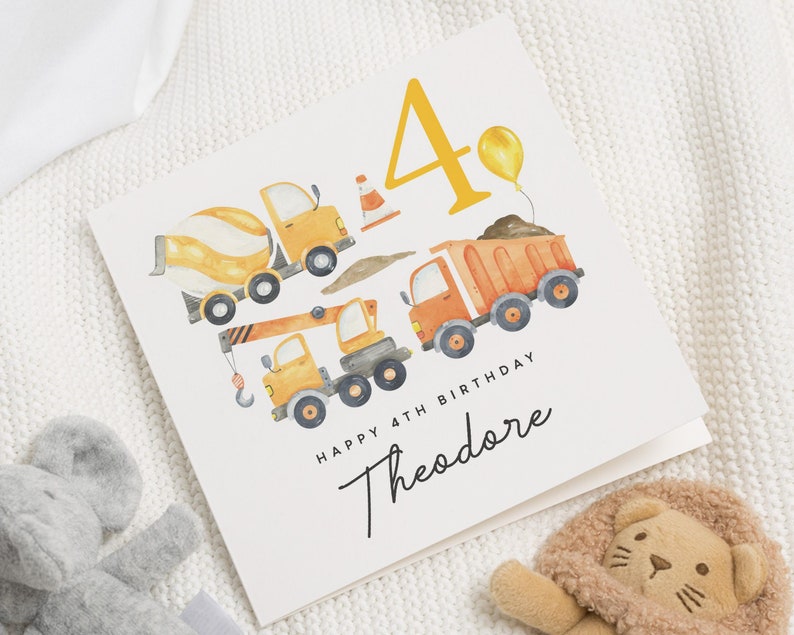 Carte de 4e anniversaire personnalisée pour garçon, carte de 4e anniversaire de fils, cadeau de 4e anniversaire Digger pour petit garçon, cadeau de 4e anniversaire, construction image 1