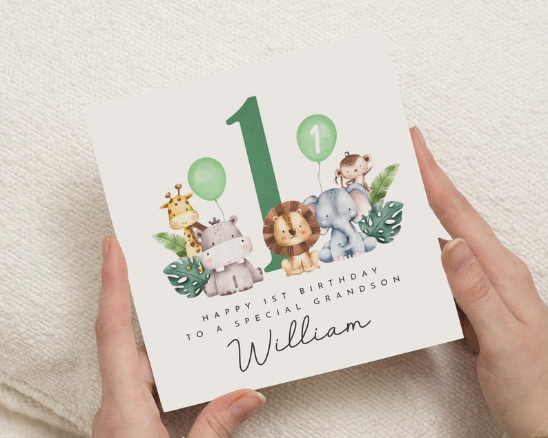 Carte de 1er anniversaire pour petit-fils, carte de premier anniversaire de petit-fils, carte d'anniversaire animal de safari, carte de 1er anniversaire personnalisée pour garçon image 1