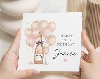 50th Birthday Card for Her, Personalised Birthday Card, Champagne Birthday Card, Birthday Card for Women, Milestone Birthday Card