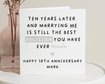 10 Year Anniversary Card For Husband, Tin Anniversary Card, Wife 10th Anniversary Card, 10 Year Wedding Anniversary Gift, Best Decision
