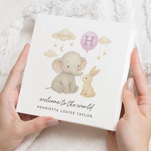 Neue Babykarte, personalisierte Babykarte, Willkommen auf der Weltkarte, Babymädchen-Karte, Babyjungen-Karte, Elefanthäschenkarte, süße Tierkarte