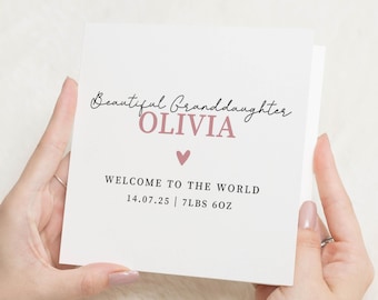 Nieuwe babykaart voor kleindochter, gepersonaliseerde kaart voor babymeisje, Welcome to the World-kaart, aangepaste kleindochterkaart, babyaankondiging