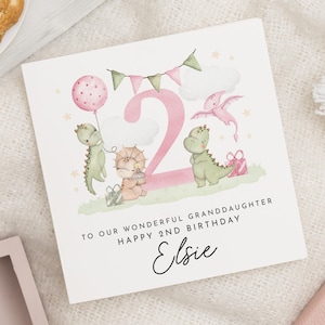 2nd Birthday Card for Granddaughter, Dinosaur Birthday Card, Personalised Birthday Card for Girl, Daughter, Niece, Cute Card