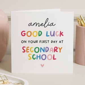 Erster Schultag Karte, personalisiertes Glücksbringer Erster Schultag Geschenk, Happy 1st Schultag, Sekundarschule 1