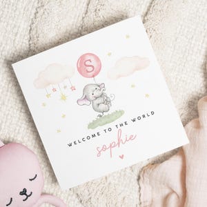 Gepersonaliseerde nieuwe babykaart meisje, olifant babykaart, hallo babykaart, gepersonaliseerde cadeaus babymeisje, Welcome To The World Card Baby