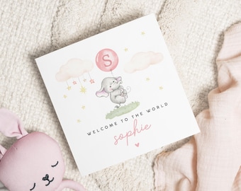 Personalised New Baby Girl Card, Elephant Baby Card, Hello Baby Card, Personalised Baby Girl Gifts, Welcome To The World Card Baby