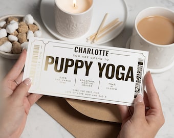 Personalised Puppy Yoga Gift Voucher, Gold Foil Experience Ticket, Custom Gift For Her, Anniversary Gift, Birthday Surprise Voucher
