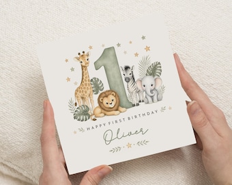 Tarjeta de primer cumpleaños, Tarjeta de cumpleaños personalizada, Tarjeta de cumpleaños con temática de safari, Tarjeta de cumpleaños con animales de la selva para niño o niña.