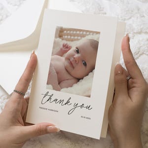 Nouvelle photo de cartes de remerciement petite fille, cartes de remerciement modifiables, carte postale de remerciement personnalisée, nouvelle petite fille, carte de remerciement