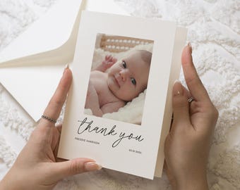 Nouvelle photo de cartes de remerciement petite fille, cartes de remerciement modifiables, carte postale de remerciement personnalisée, nouvelle petite fille, carte de remerciement
