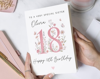 18th Birthday Card for Sister, Personalised Sister Birthday Card, Floral 18th Birthday Card, Birthday Card for Her, 18 Card