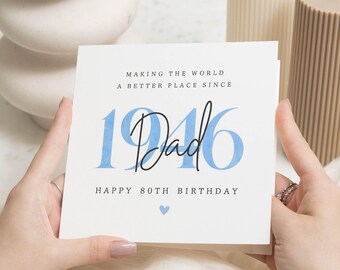 Op de afbeelding: Een witte verjaardagskaart met de tekst "MAKING THE WORLD A BETTER PLACE SINCE 1946 Dad HAPPY 80TH BIRTHDAY" in zwart en lichtblauw. Onderaan staat een klein blauw hartje. De kaart wordt door twee handen vastgehouden.