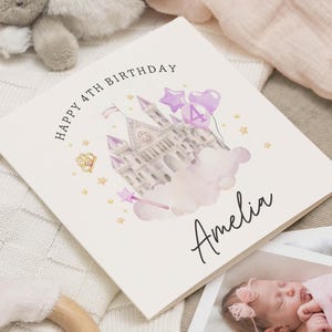 Cartão de 4º aniversário para menina, cartão de aniversário personalizado do castelo da princesa, cartão de aniversário para filha, cartão de 4º aniversário para neta