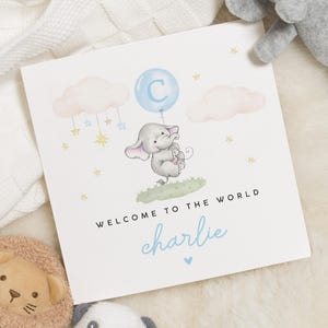 Gepersonaliseerde nieuwe babyjongenkaart, gefeliciteerd nieuwe babyjongen, Welcome To The World-kaart, olifantenbabykaart gepersonaliseerd, kraamcadeau