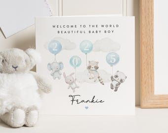 New Baby Boy Card, Personalised Baby Card, Welcome To The World Card, Animal Baby Card, New Baby Card For Boy, Cute Baby Boy Card