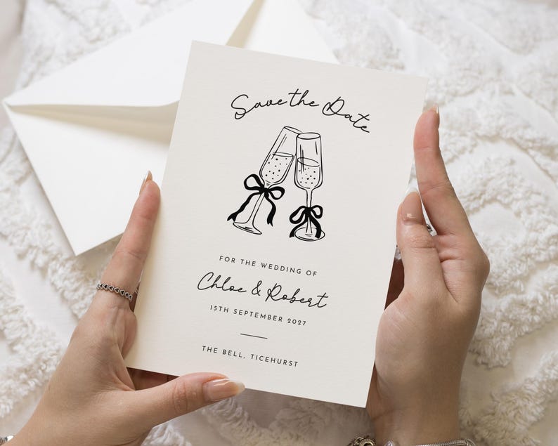 Save the Date Card, Personalised Save the Date, Wedding Save the Date Card, Simple Save the Date, Champagne Glasses, Custom Save the Date image 1